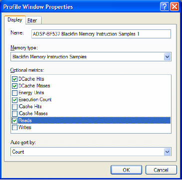 VisualDSP Profile Window Properties Display tab