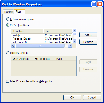 VisualDSP Profile Window Properties Filter tab